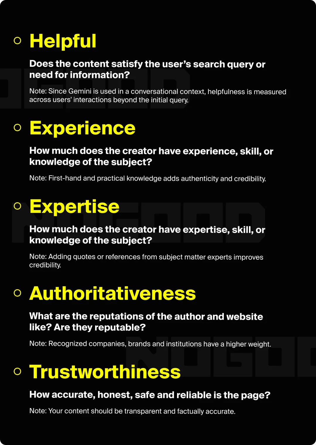 Explainer graphic breaking down Google's H-E-E-A-T guidelines for content.