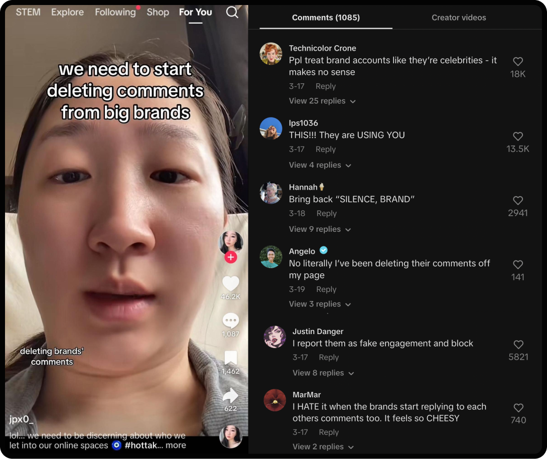 Pushback from users regarding brands commenting on their videos