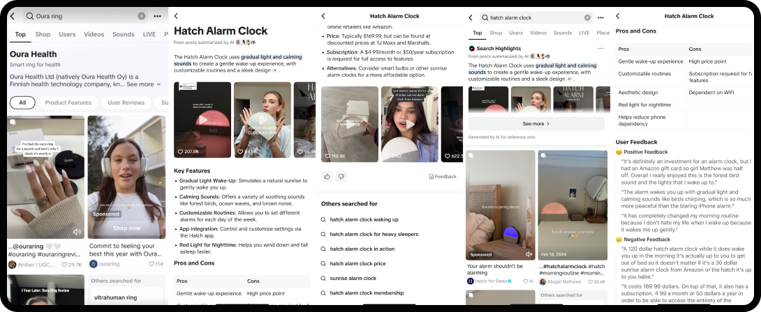 Five examples of product overview pages that are native to TikTok.